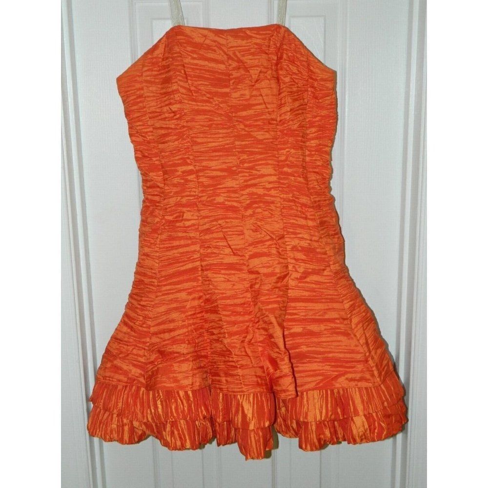 Jessica McClintock Dress Orange Cocktail Tiered Crinkle‎ Y2K 80's Size 10